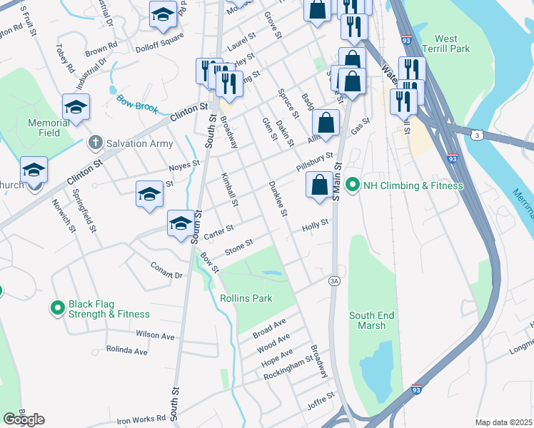 map of restaurants, bars, coffee shops, grocery stores, and more near 73 Broadway in Concord