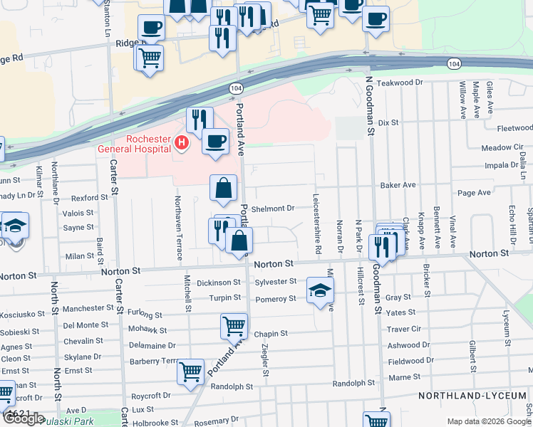 map of restaurants, bars, coffee shops, grocery stores, and more near 43 Shelmont Drive in Rochester