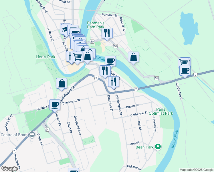 map of restaurants, bars, coffee shops, grocery stores, and more near 31 Burwell Street in Brant