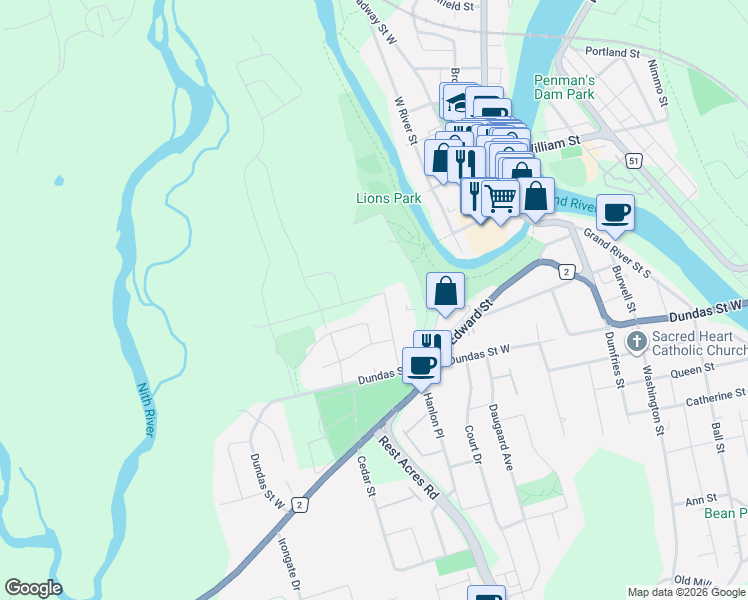map of restaurants, bars, coffee shops, grocery stores, and more near 24 Barker Street in Brant