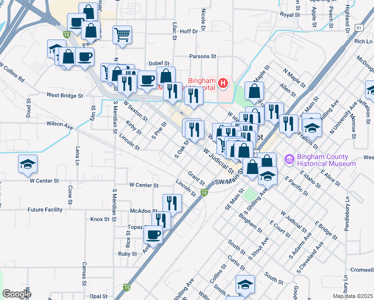 map of restaurants, bars, coffee shops, grocery stores, and more near 367 West Sexton Street in Blackfoot