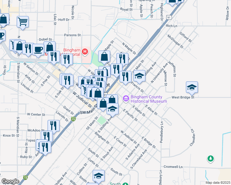 map of restaurants, bars, coffee shops, grocery stores, and more near 191 Northwest Main Street in Blackfoot