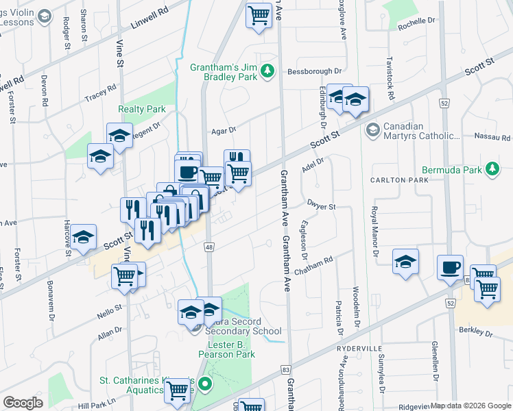 map of restaurants, bars, coffee shops, grocery stores, and more near 20 Jubilee Drive in Saint Catharines