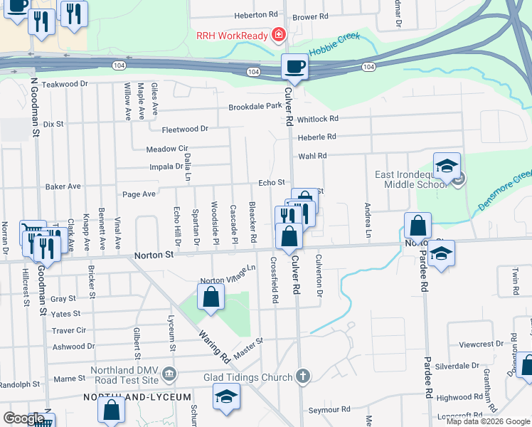 map of restaurants, bars, coffee shops, grocery stores, and more near 414 Crossfield Road in Rochester