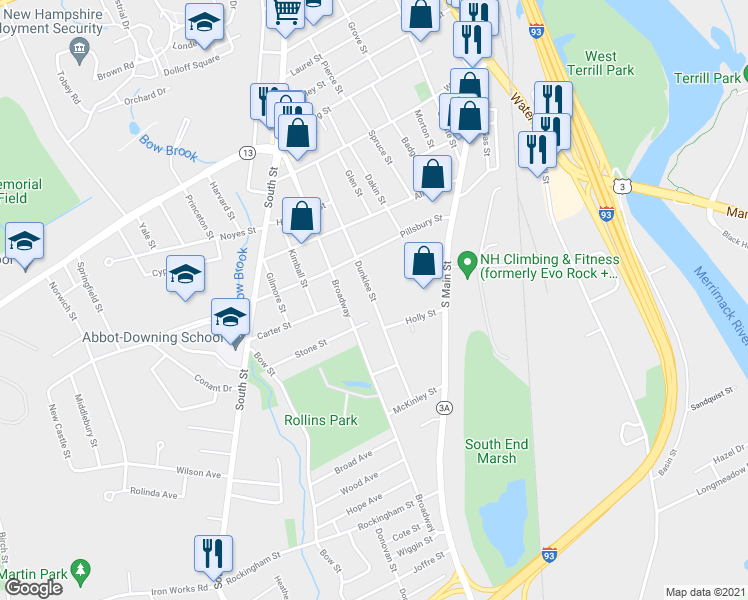 map of restaurants, bars, coffee shops, grocery stores, and more near 40 Dunklee Street in Concord