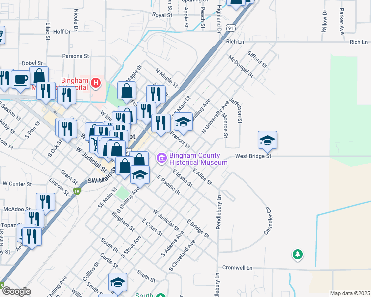 map of restaurants, bars, coffee shops, grocery stores, and more near 365 North University Avenue in Blackfoot