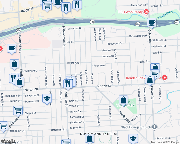 map of restaurants, bars, coffee shops, grocery stores, and more near 84 Bennett Avenue in Rochester