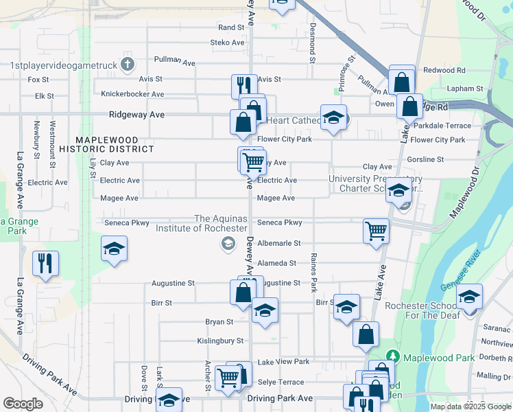 map of restaurants, bars, coffee shops, grocery stores, and more near 396 Seneca Parkway in Rochester