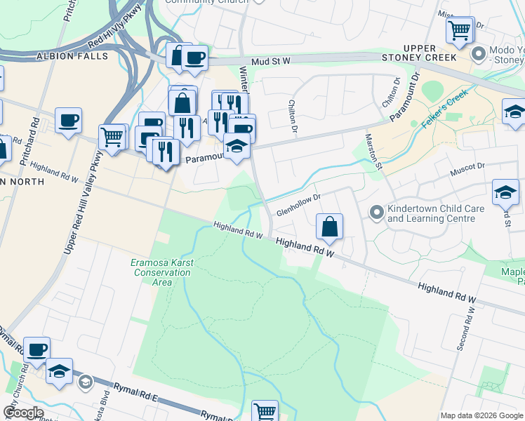map of restaurants, bars, coffee shops, grocery stores, and more near 263 Winterberry Drive in Hamilton
