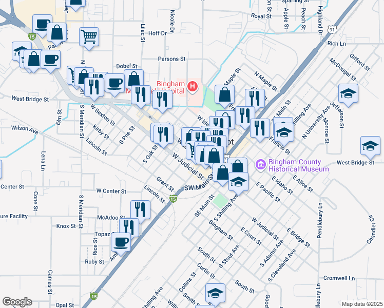 map of restaurants, bars, coffee shops, grocery stores, and more near 198 West Bridge Street in Blackfoot