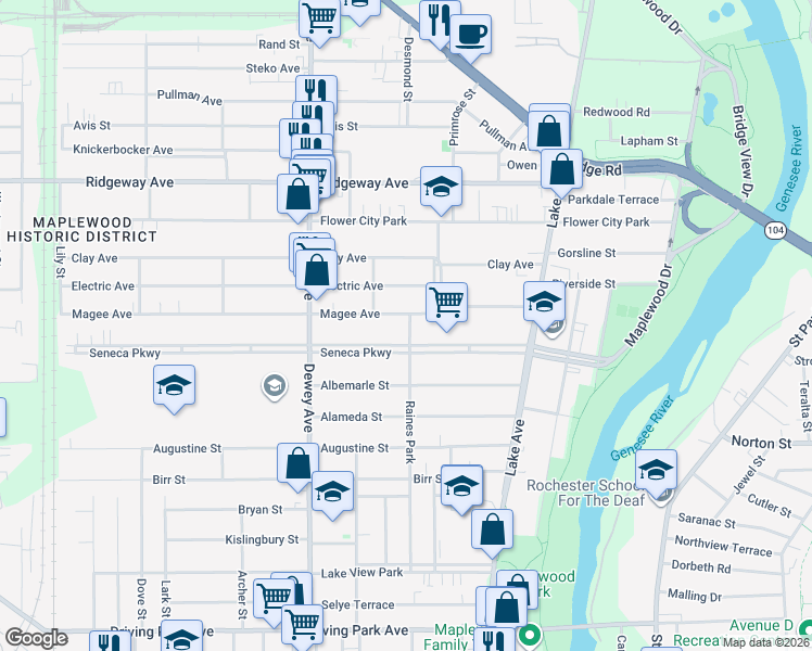 map of restaurants, bars, coffee shops, grocery stores, and more near 282 Seneca Parkway in Rochester