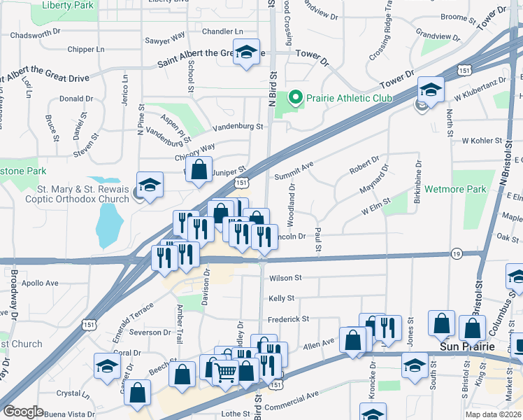 map of restaurants, bars, coffee shops, grocery stores, and more near 629 North Bird Street in Sun Prairie