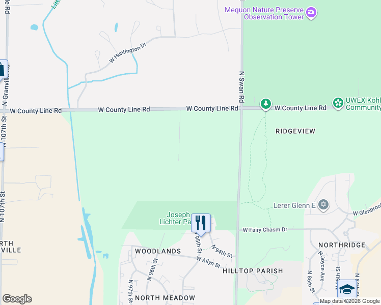map of restaurants, bars, coffee shops, grocery stores, and more near 9411R West County Line Road in Milwaukee