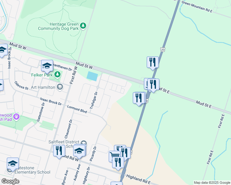map of restaurants, bars, coffee shops, grocery stores, and more near 61 Mayland Trail in Hamilton