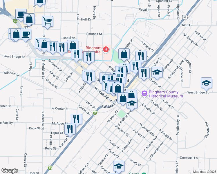 map of restaurants, bars, coffee shops, grocery stores, and more near 167 West Bridge Street in Blackfoot