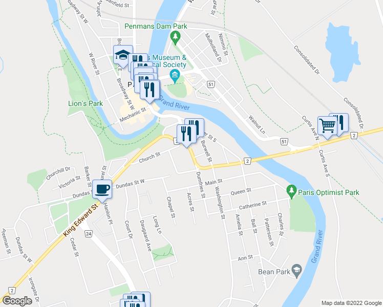 map of restaurants, bars, coffee shops, grocery stores, and more near 31 Dumfries Street in Brant