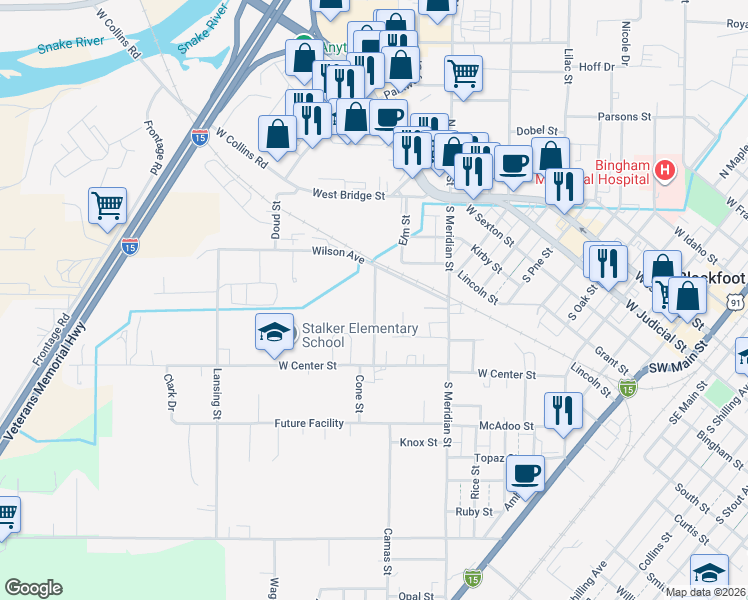 map of restaurants, bars, coffee shops, grocery stores, and more near Lena Lane in Blackfoot