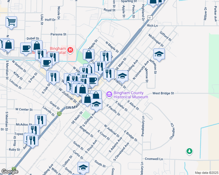 map of restaurants, bars, coffee shops, grocery stores, and more near 265 North Shilling Avenue in Blackfoot