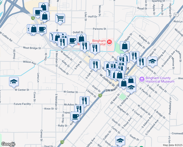 map of restaurants, bars, coffee shops, grocery stores, and more near 367 West Sexton Street in Blackfoot