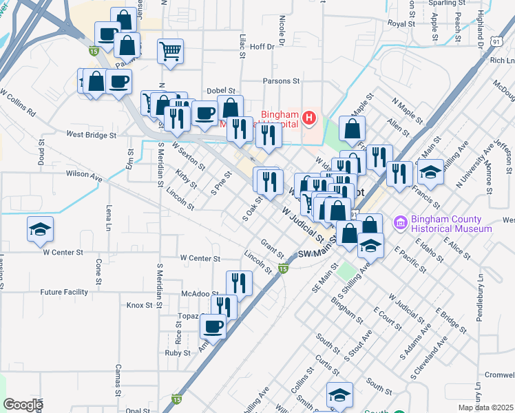 map of restaurants, bars, coffee shops, grocery stores, and more near 367 West Sexton Street in Blackfoot