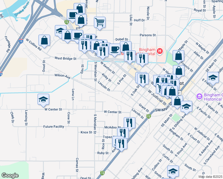 map of restaurants, bars, coffee shops, grocery stores, and more near 600-698 Lincoln Street in Blackfoot