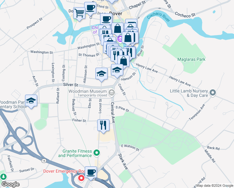 map of restaurants, bars, coffee shops, grocery stores, and more near 187 Central Avenue in Dover