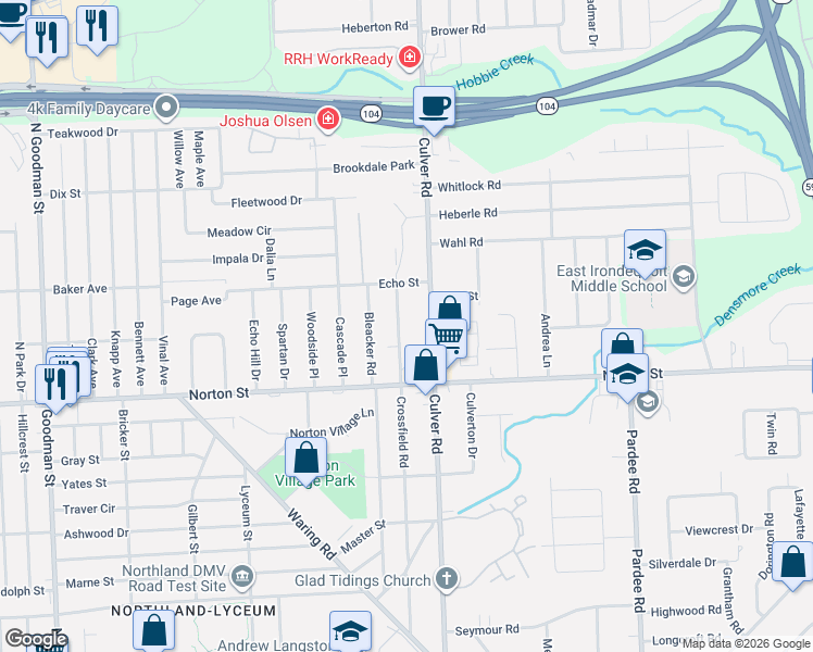 map of restaurants, bars, coffee shops, grocery stores, and more near 414 Crossfield Road in Rochester