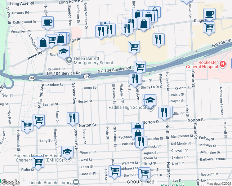 map of restaurants, bars, coffee shops, grocery stores, and more near 125 Wakefield Street in Rochester