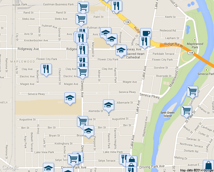map of restaurants, bars, coffee shops, grocery stores, and more near 282 Seneca Parkway in Rochester