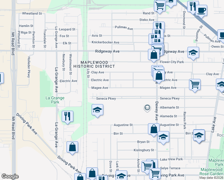 map of restaurants, bars, coffee shops, grocery stores, and more near 660 Seneca Parkway in Rochester