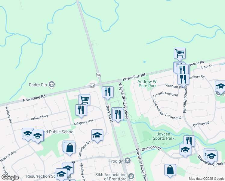map of restaurants, bars, coffee shops, grocery stores, and more near 627 Park Road North in Brantford