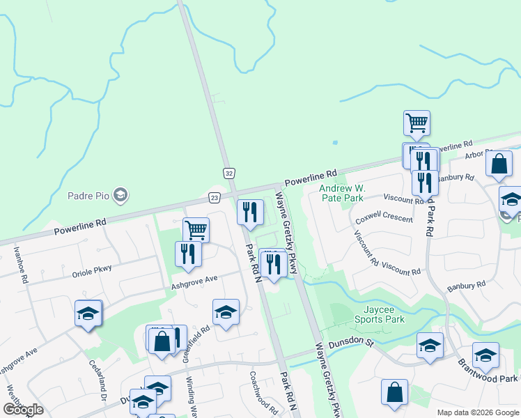 map of restaurants, bars, coffee shops, grocery stores, and more near 627 Park Road North in Brantford