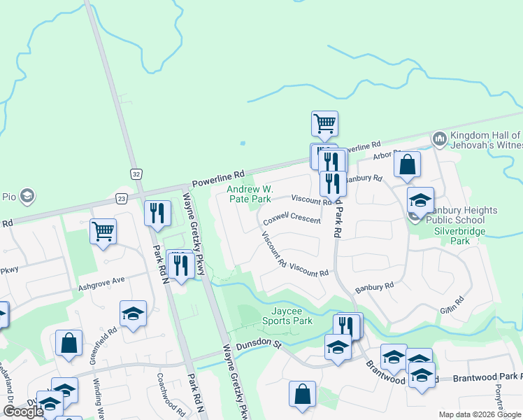 map of restaurants, bars, coffee shops, grocery stores, and more near in Brantford