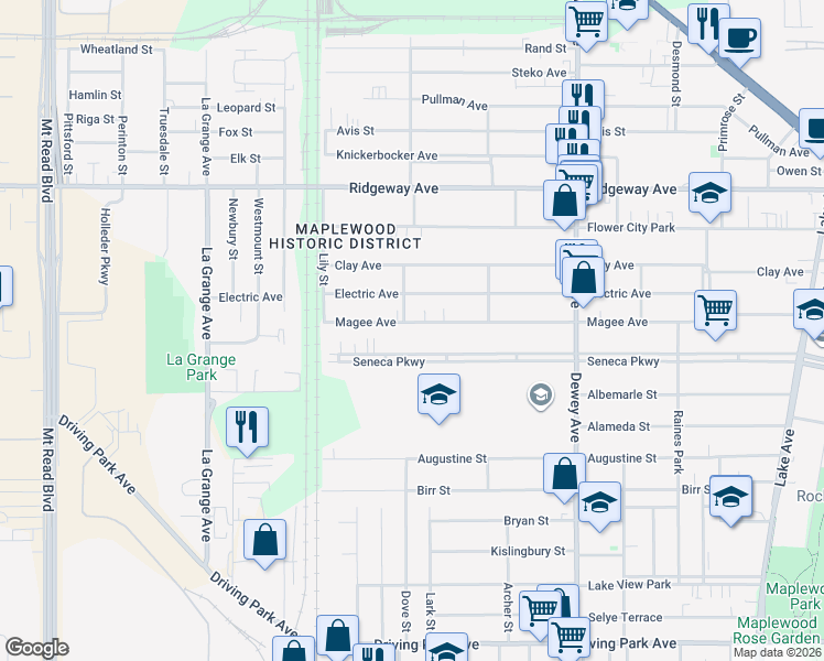 map of restaurants, bars, coffee shops, grocery stores, and more near 660 Seneca Parkway in Rochester