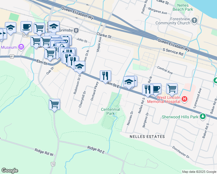 map of restaurants, bars, coffee shops, grocery stores, and more near 100 Main Street East in Grimsby