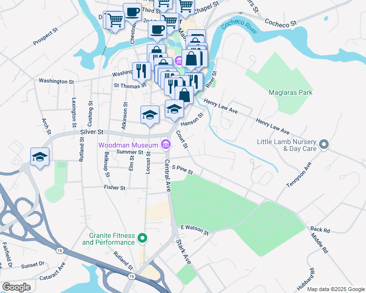 map of restaurants, bars, coffee shops, grocery stores, and more near 32 Court Street in Dover