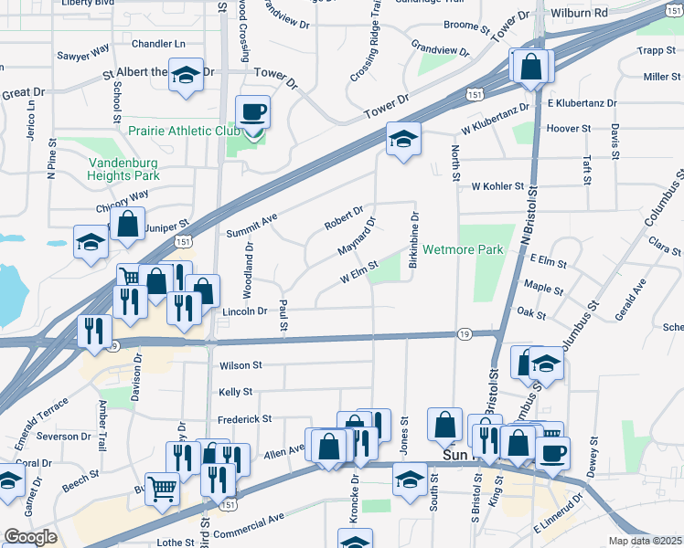 map of restaurants, bars, coffee shops, grocery stores, and more near 420 West Elm Street in Sun Prairie