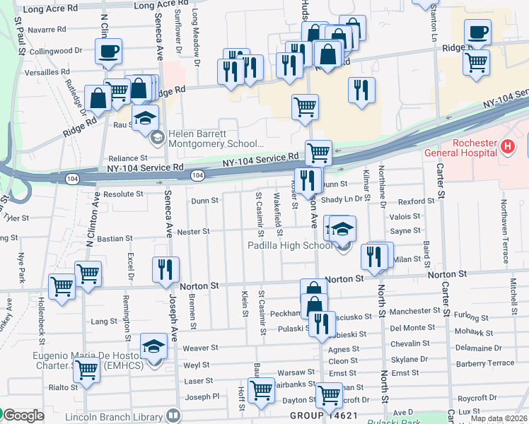 map of restaurants, bars, coffee shops, grocery stores, and more near 125 Wakefield Street in Rochester