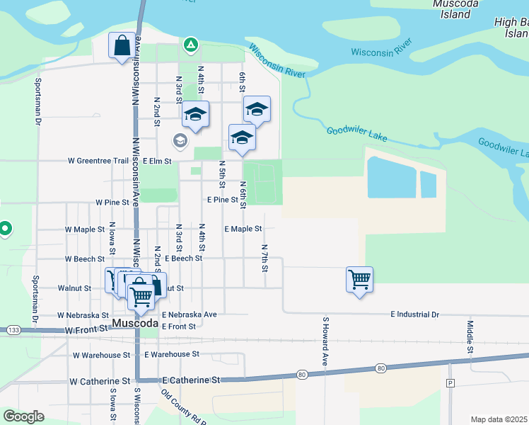 map of restaurants, bars, coffee shops, grocery stores, and more near 483 North 7th Street in Muscoda
