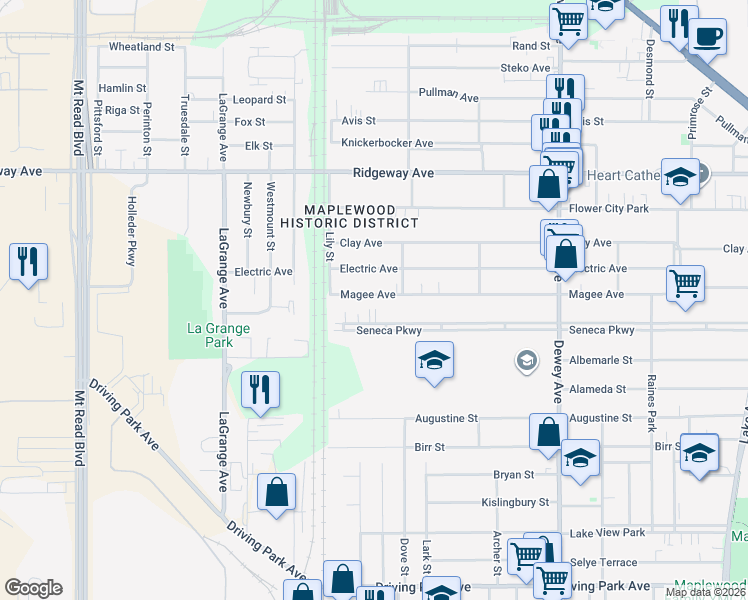 map of restaurants, bars, coffee shops, grocery stores, and more near 704 Seneca Parkway in Rochester