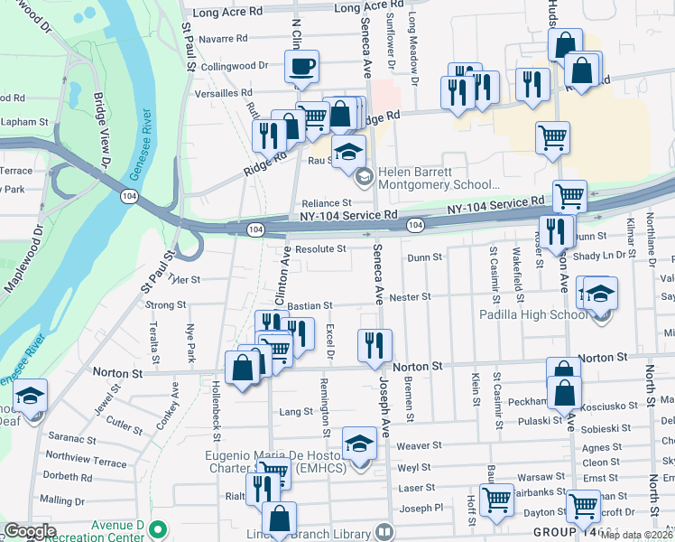 map of restaurants, bars, coffee shops, grocery stores, and more near 60 Resolute Circle in Rochester
