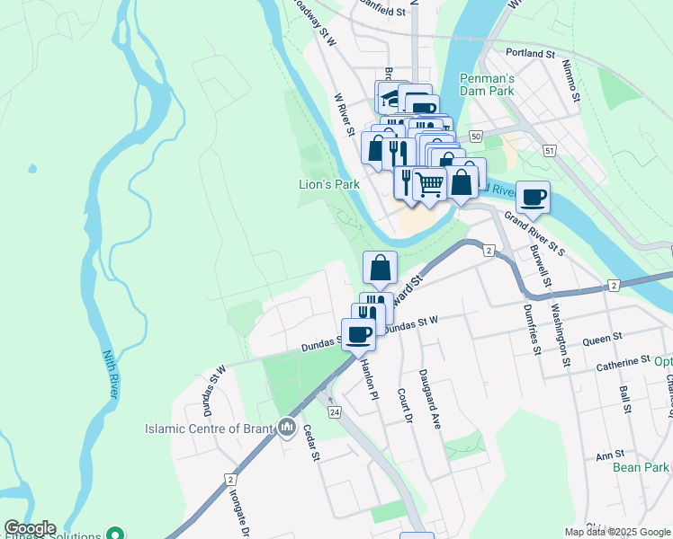 map of restaurants, bars, coffee shops, grocery stores, and more near 19 Barker Street in Brant