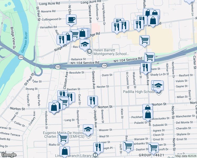 map of restaurants, bars, coffee shops, grocery stores, and more near 140 Seneca Avenue in Rochester