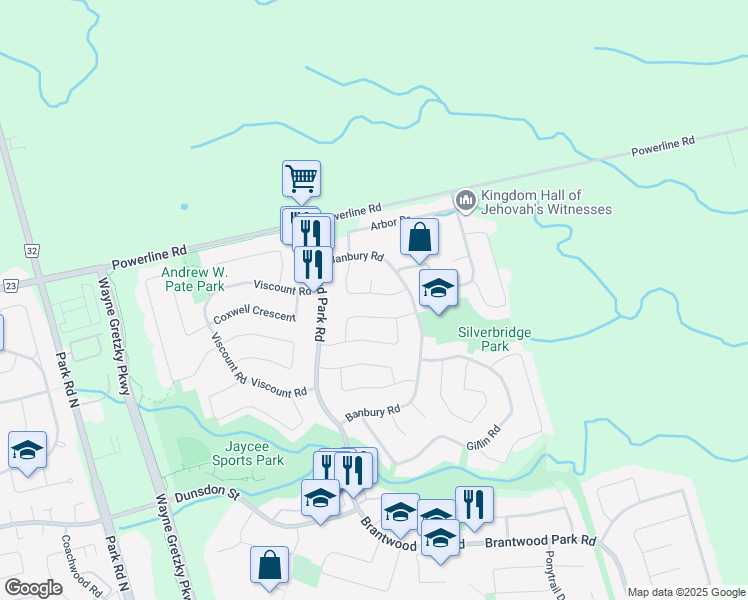 map of restaurants, bars, coffee shops, grocery stores, and more near 60 Enfield Crescent in Brantford