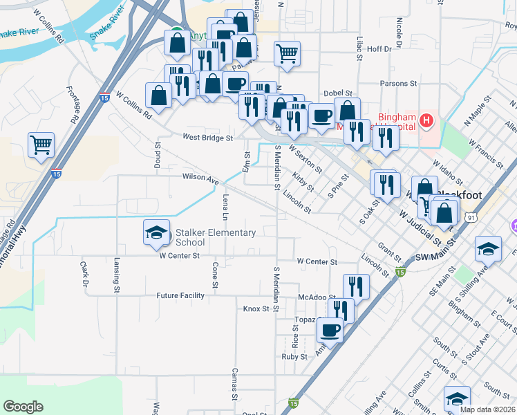 map of restaurants, bars, coffee shops, grocery stores, and more near 498 Katelynd Street in Blackfoot