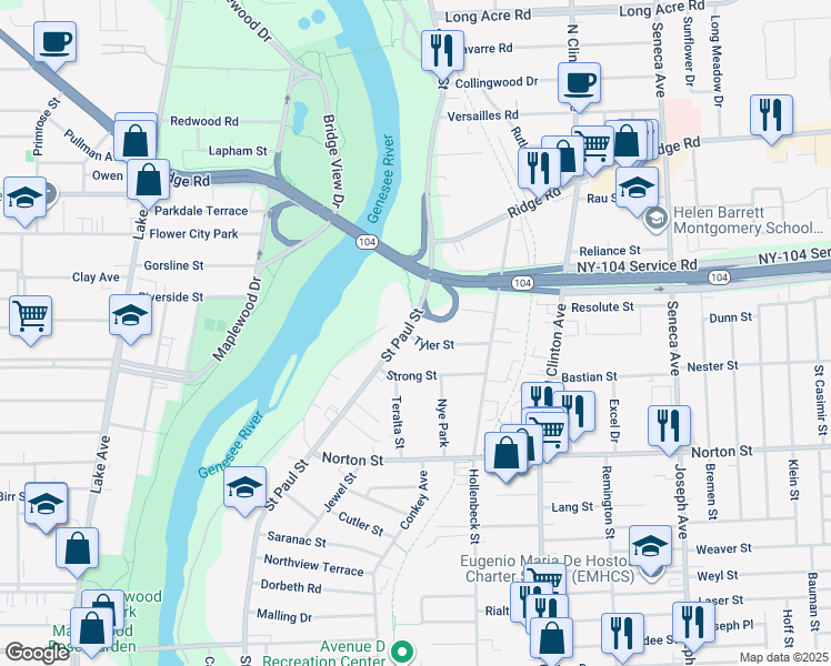 map of restaurants, bars, coffee shops, grocery stores, and more near 1852 Saint Paul Street in Rochester