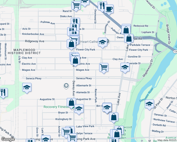 map of restaurants, bars, coffee shops, grocery stores, and more near 282 Seneca Parkway in Rochester