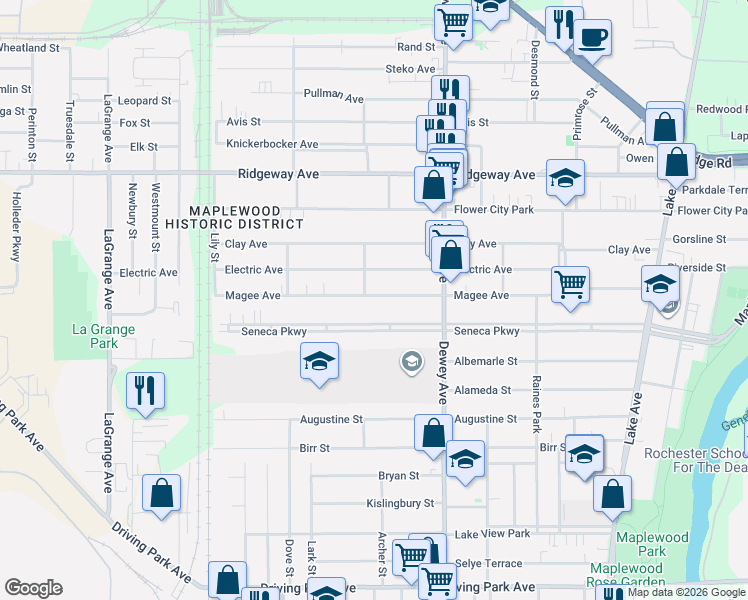 map of restaurants, bars, coffee shops, grocery stores, and more near 500 Seneca Parkway in Rochester