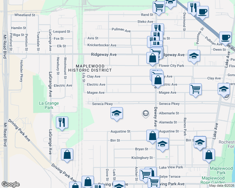 map of restaurants, bars, coffee shops, grocery stores, and more near 600 Seneca Parkway in Rochester