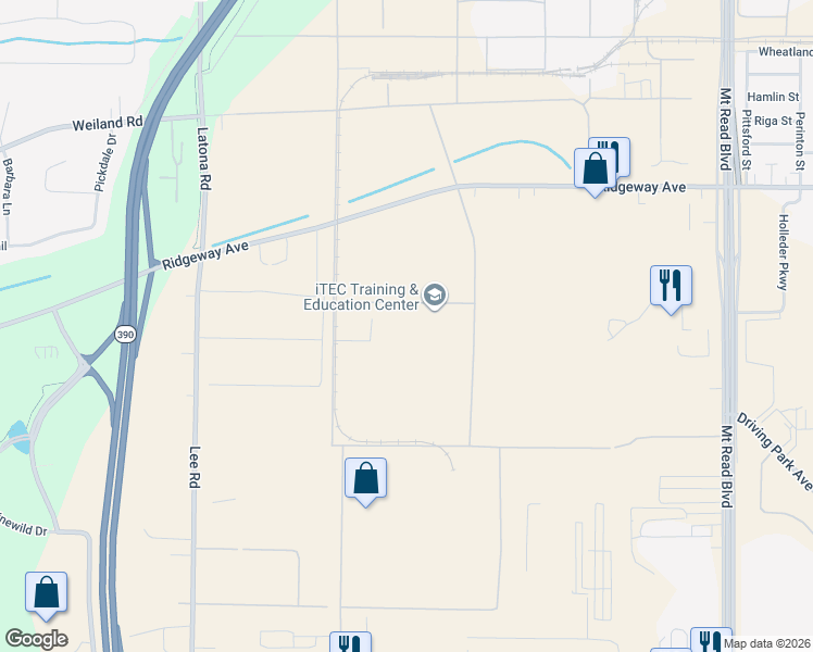 map of restaurants, bars, coffee shops, grocery stores, and more near 105 McLoughlin Road in Rochester
